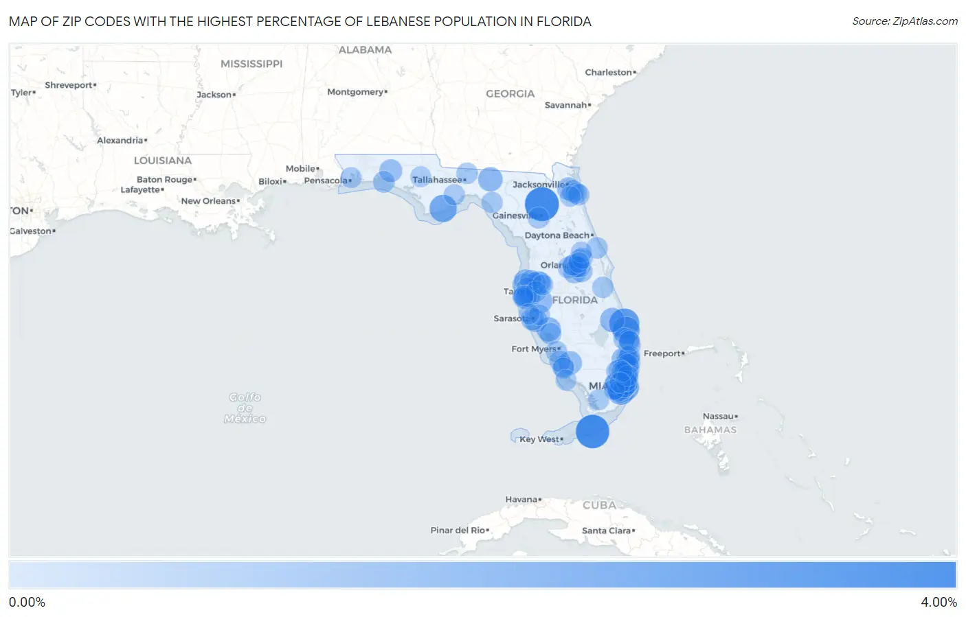 Zip Codes with the Highest Percentage of Lebanese Population in Florida Map