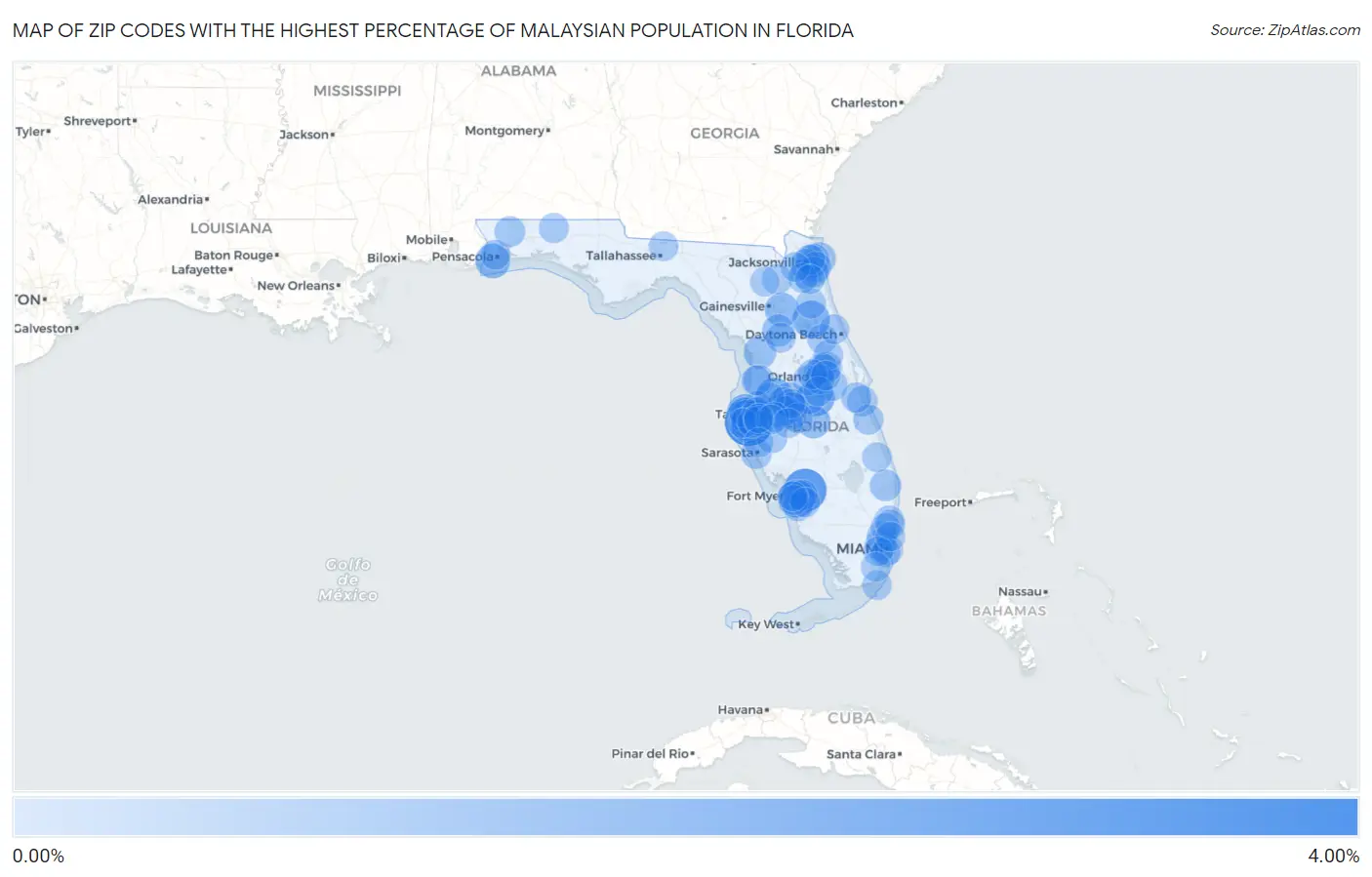 Zip Codes with the Highest Percentage of Malaysian Population in Florida Map