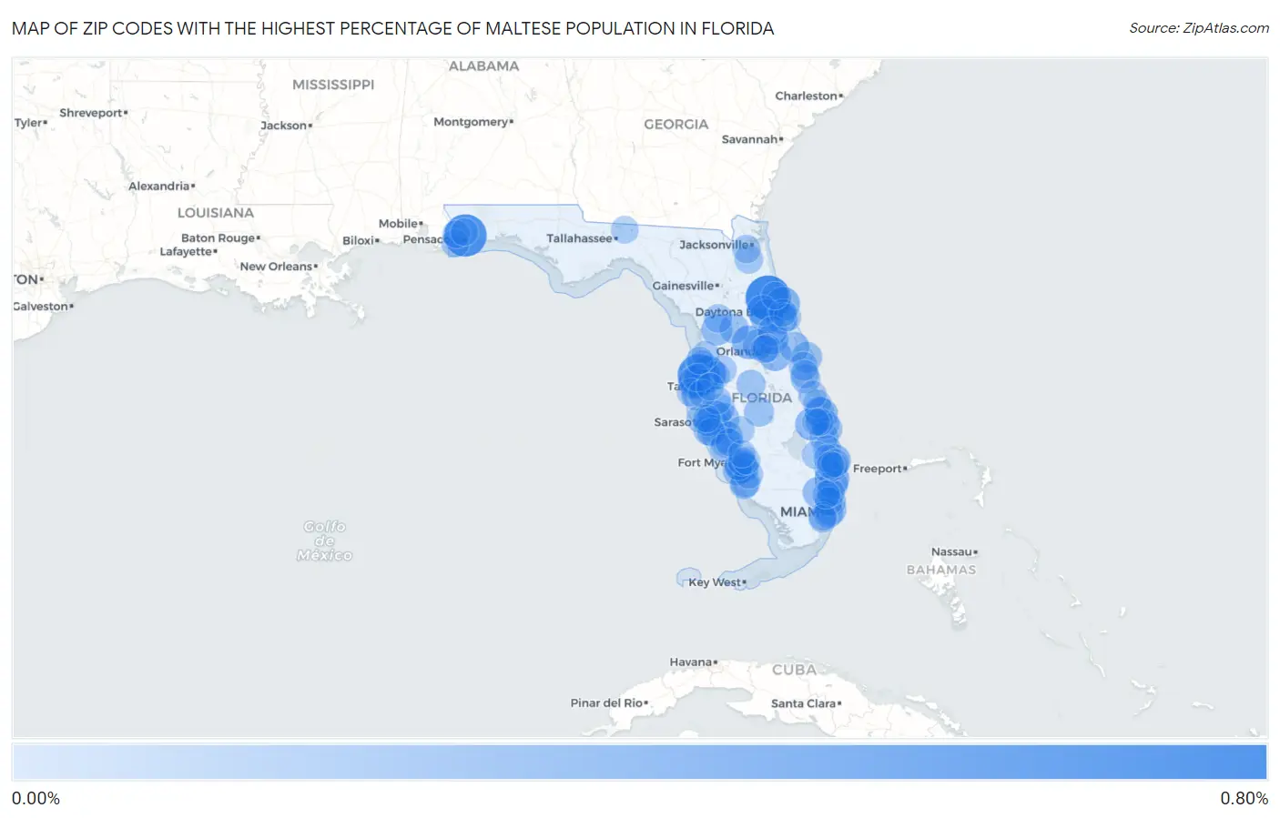 Zip Codes with the Highest Percentage of Maltese Population in Florida Map