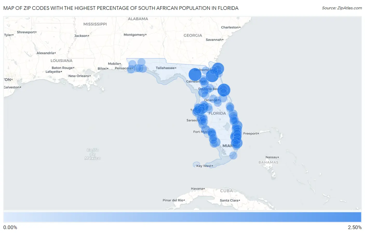 Zip Codes with the Highest Percentage of South African Population in Florida Map