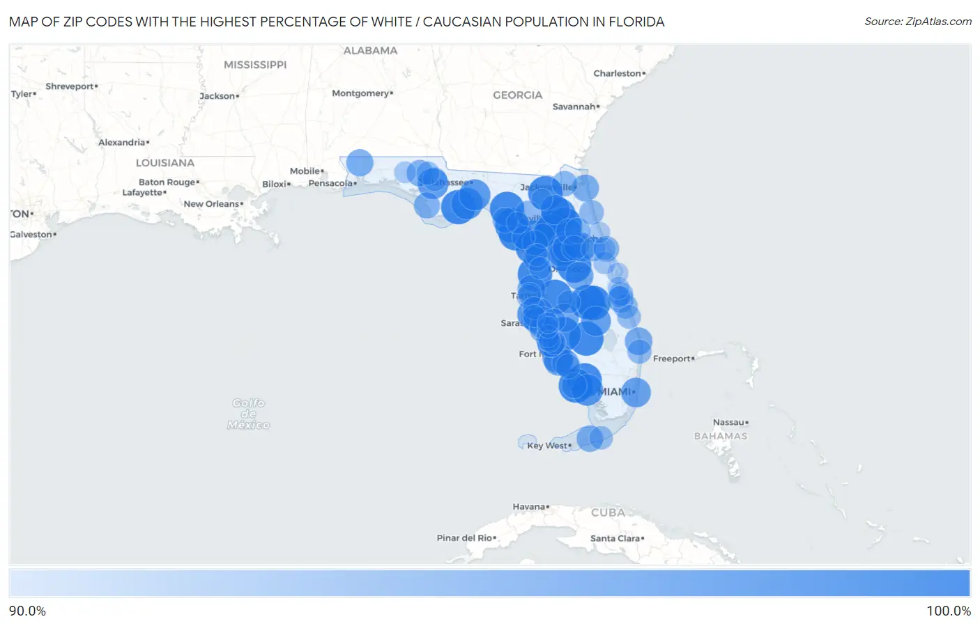 Zip Codes with the Highest Percentage of White / Caucasian Population in Florida Map