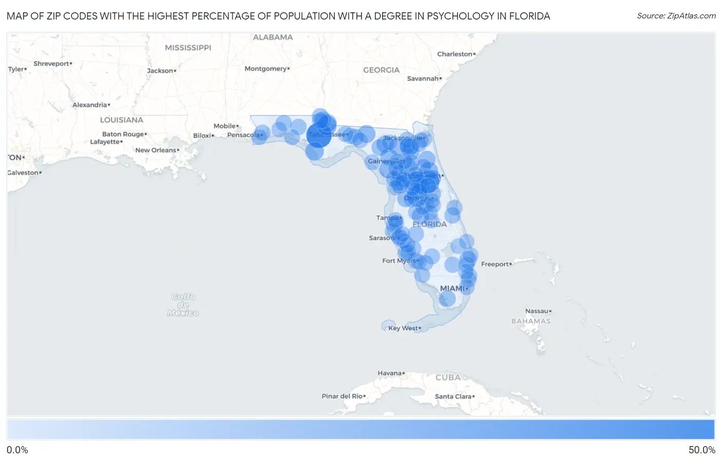 Zip Codes with the Highest Percentage of Population with a Degree in Psychology in Florida Map