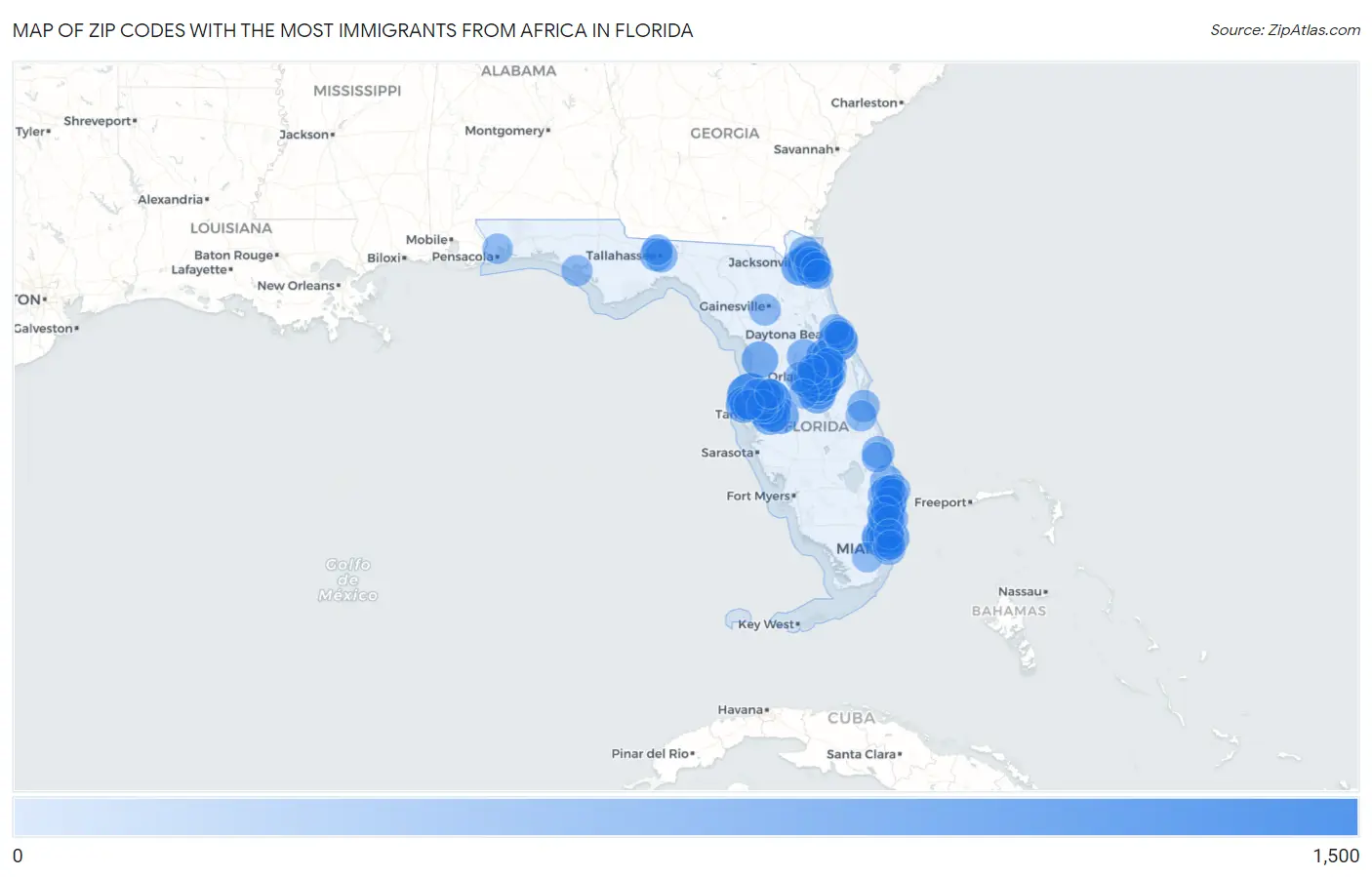 Zip Codes with the Most Immigrants from Africa in Florida Map