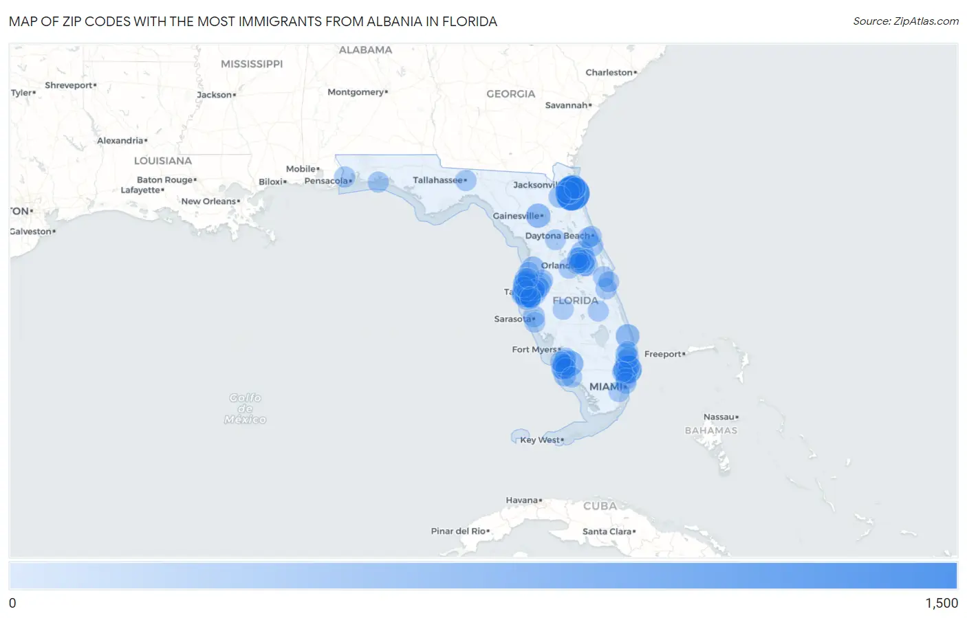 Zip Codes with the Most Immigrants from Albania in Florida Map