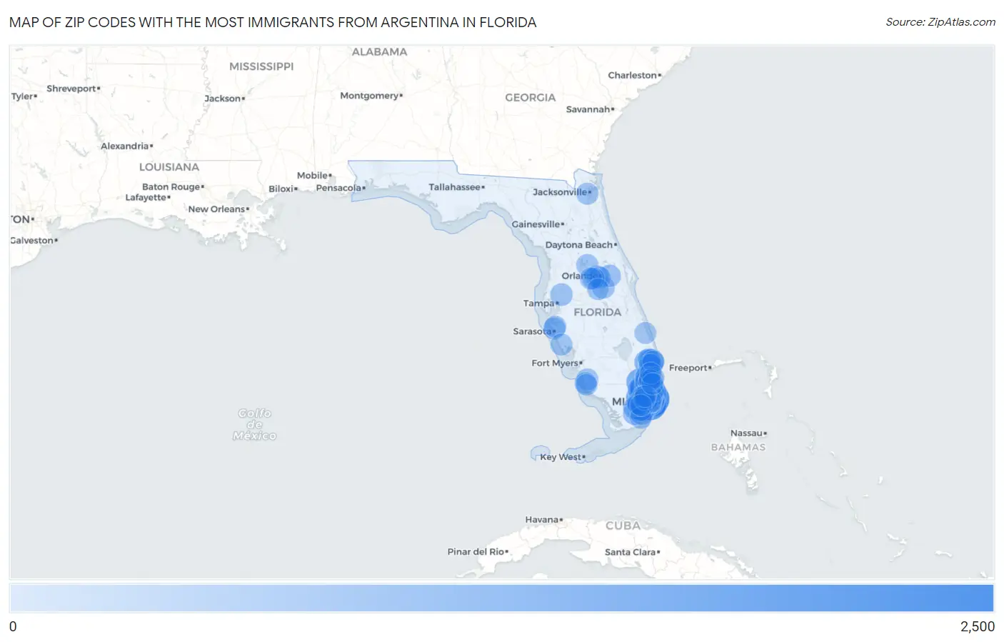 Zip Codes with the Most Immigrants from Argentina in Florida Map