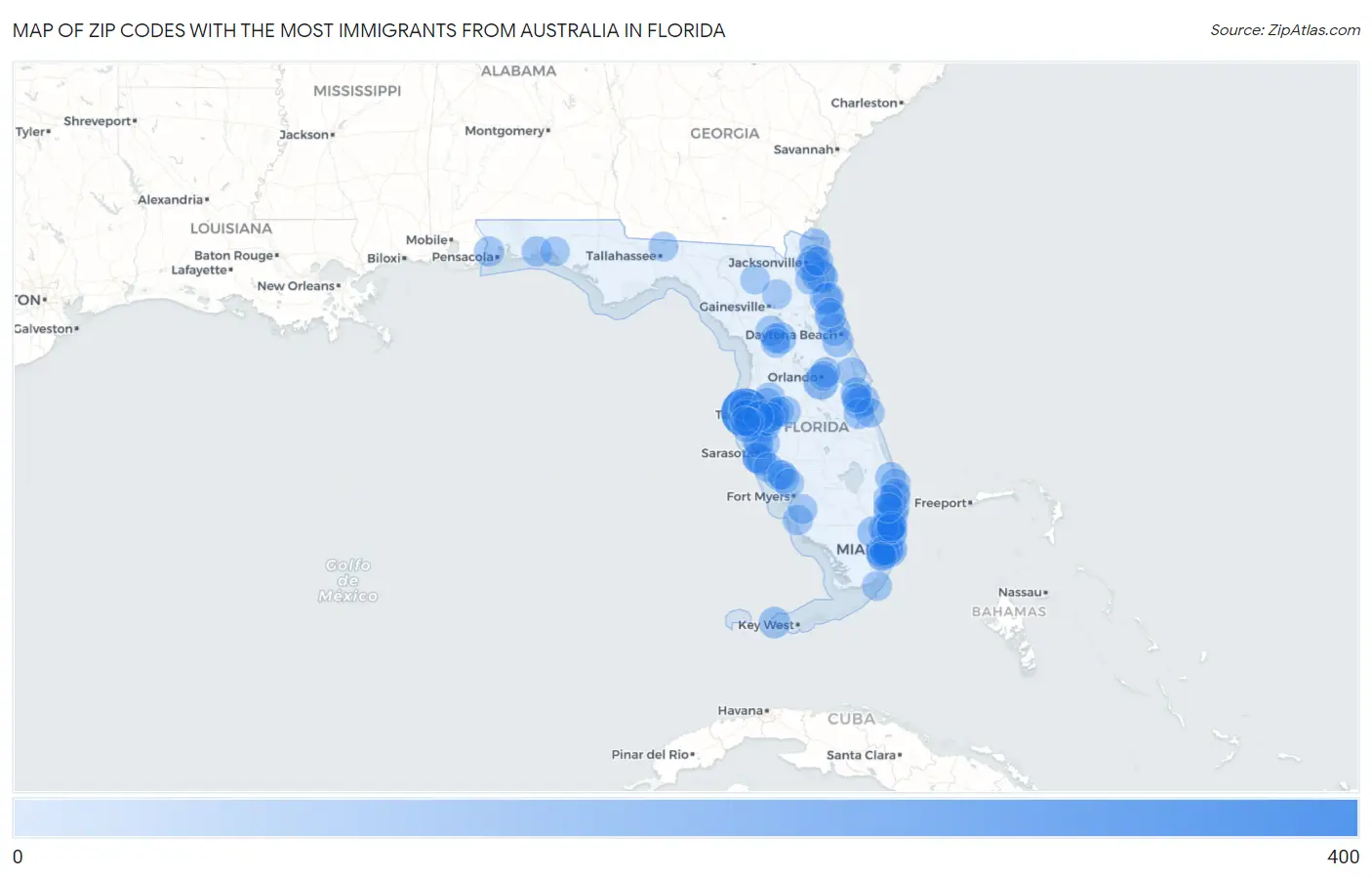 Zip Codes with the Most Immigrants from Australia in Florida Map