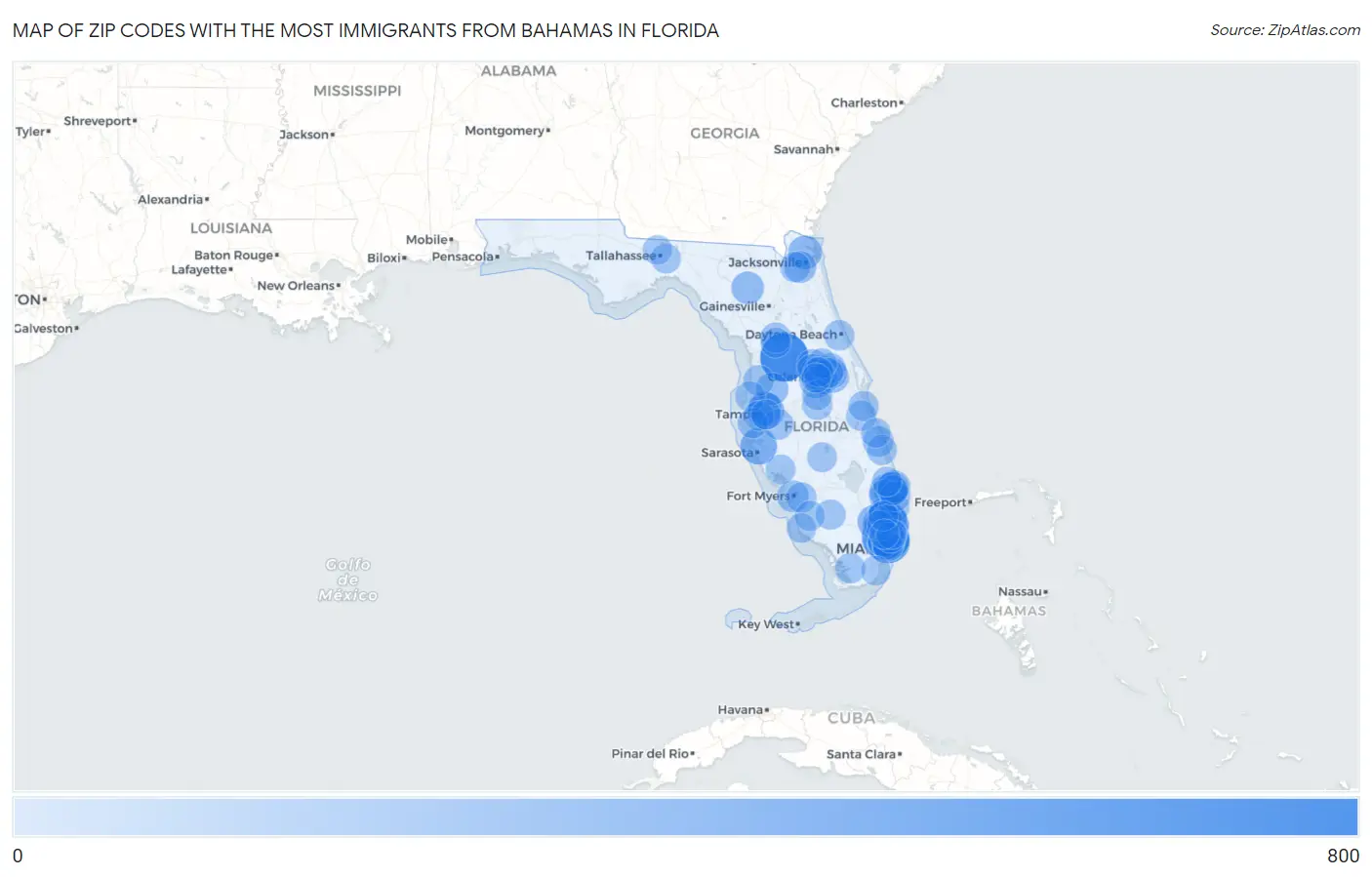 Zip Codes with the Most Immigrants from Bahamas in Florida Map