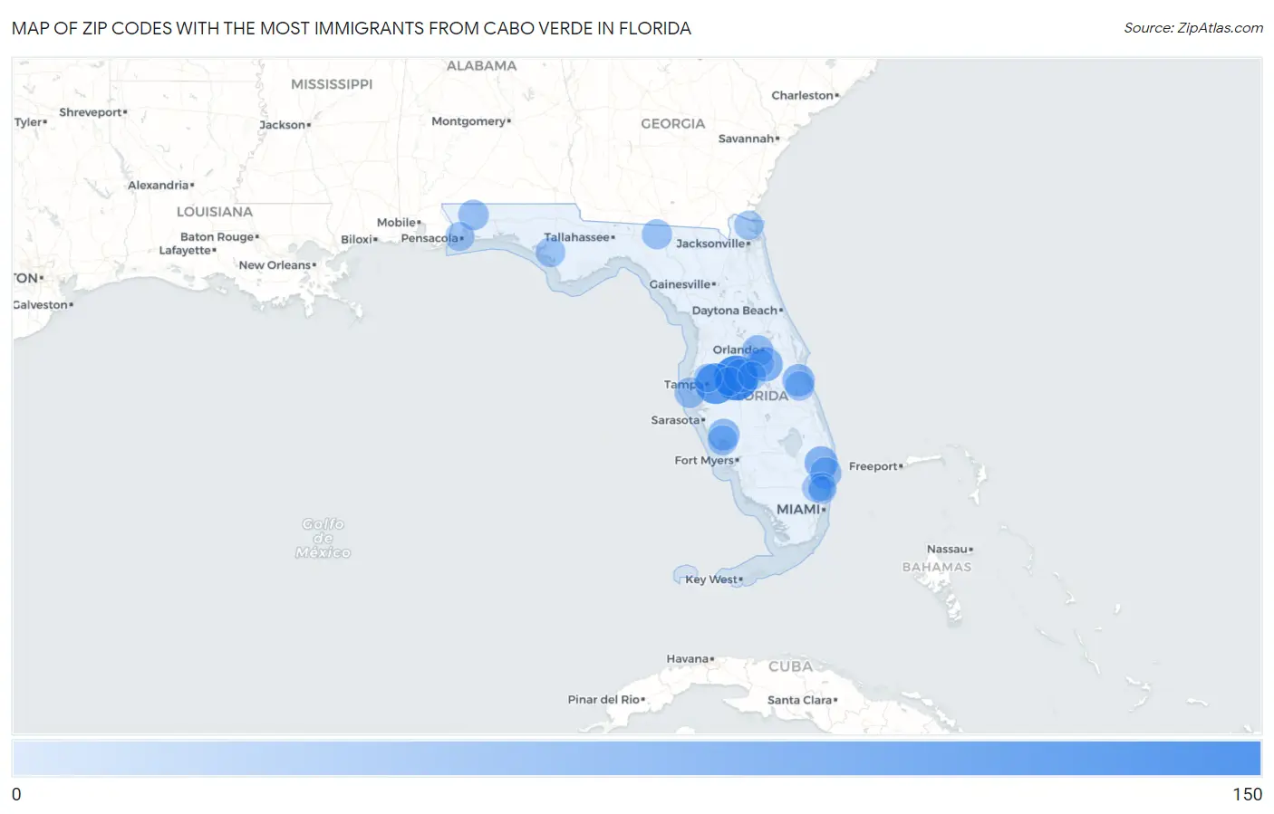 Zip Codes with the Most Immigrants from Cabo Verde in Florida Map
