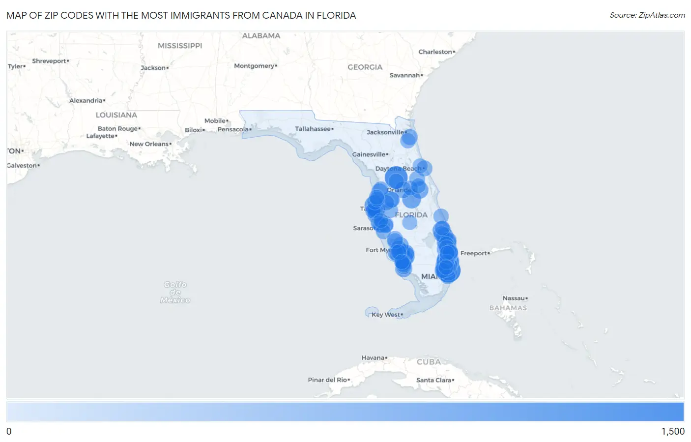Zip Codes with the Most Immigrants from Canada in Florida Map