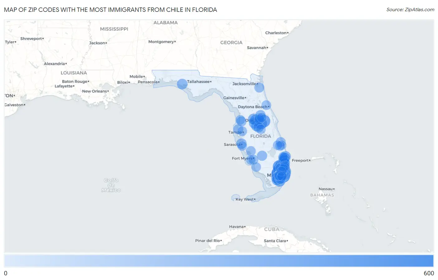 Zip Codes with the Most Immigrants from Chile in Florida Map