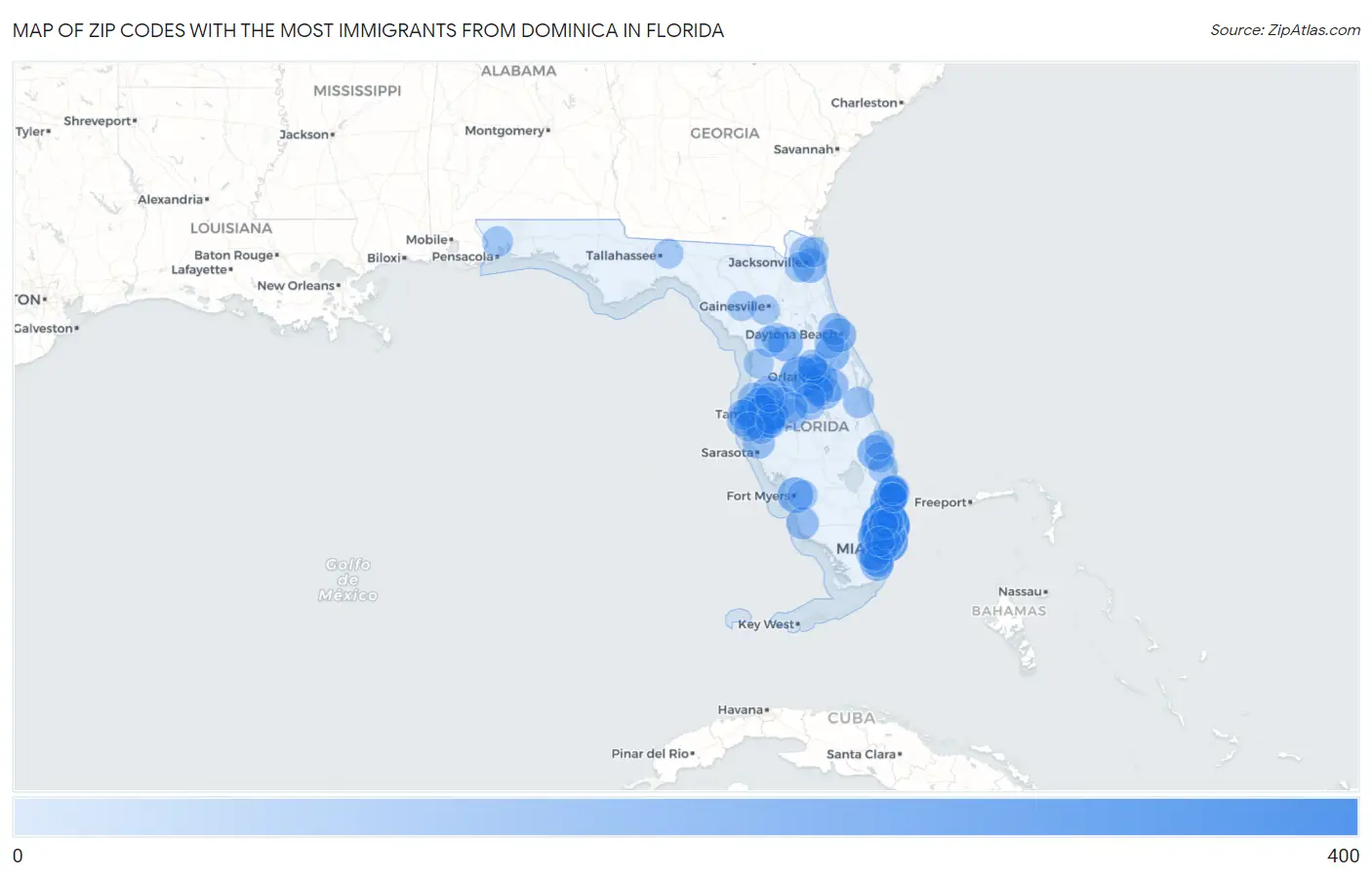 Zip Codes with the Most Immigrants from Dominica in Florida Map