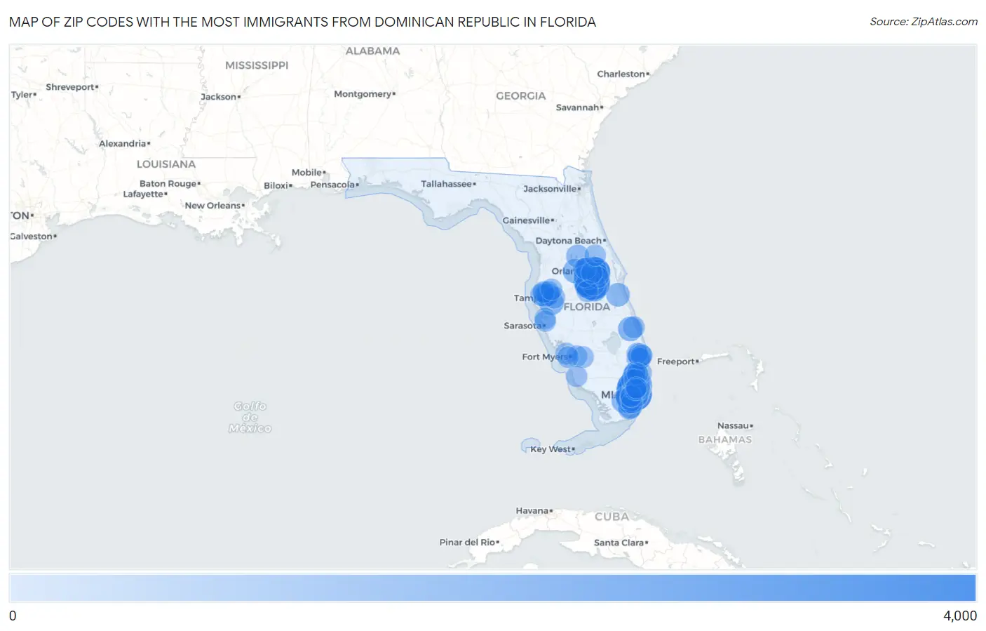 Zip Codes with the Most Immigrants from Dominican Republic in Florida Map