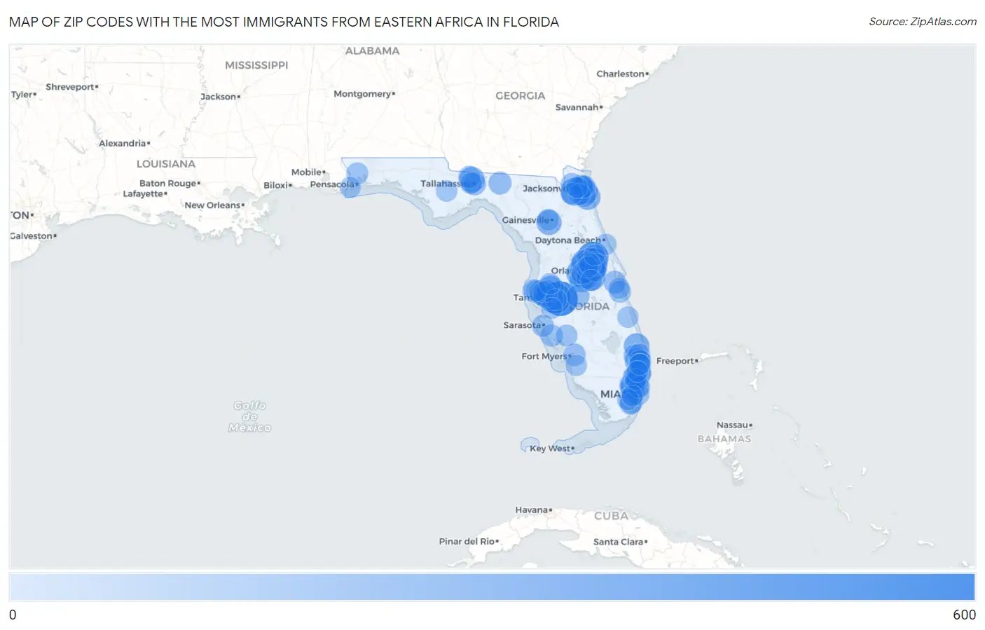 Zip Codes with the Most Immigrants from Eastern Africa in Florida Map