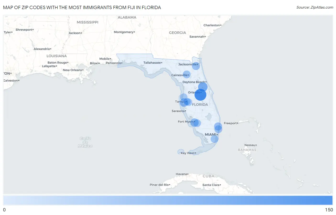 Zip Codes with the Most Immigrants from Fiji in Florida Map
