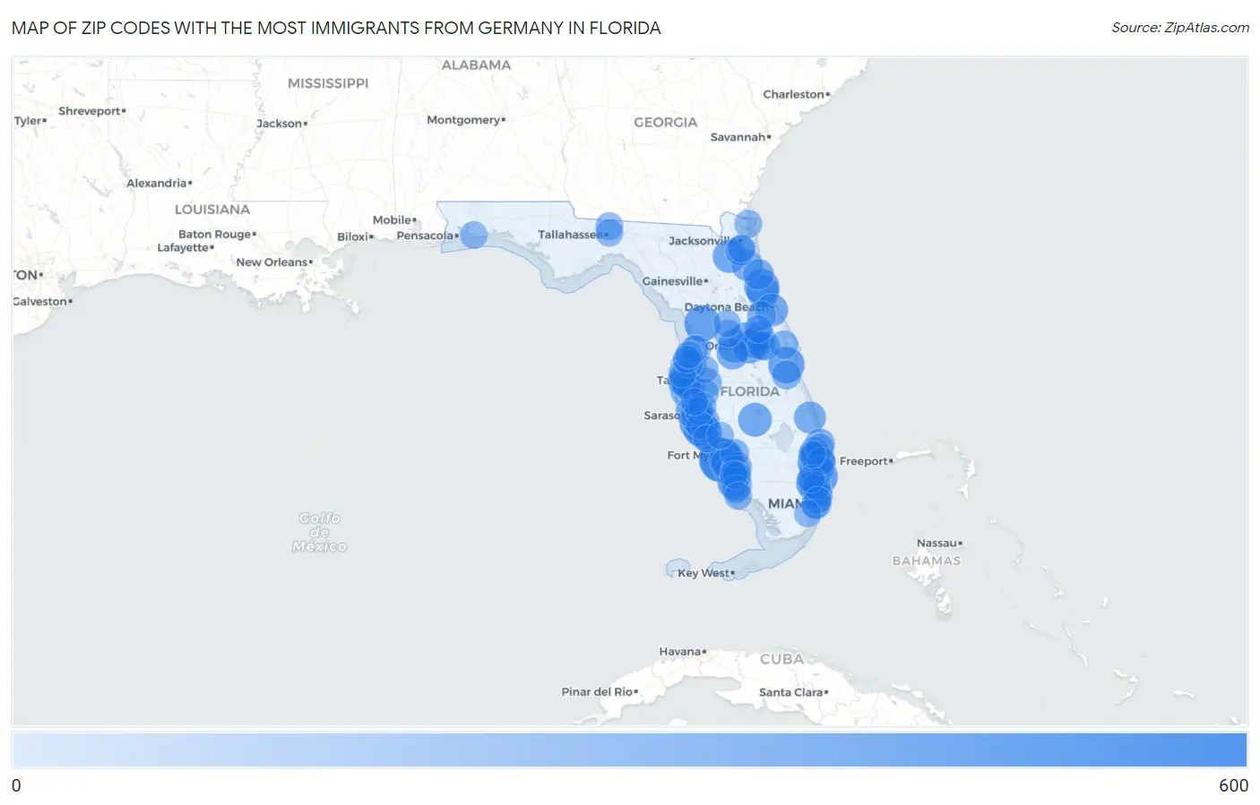 Zip Codes with the Most Immigrants from Germany in Florida Map