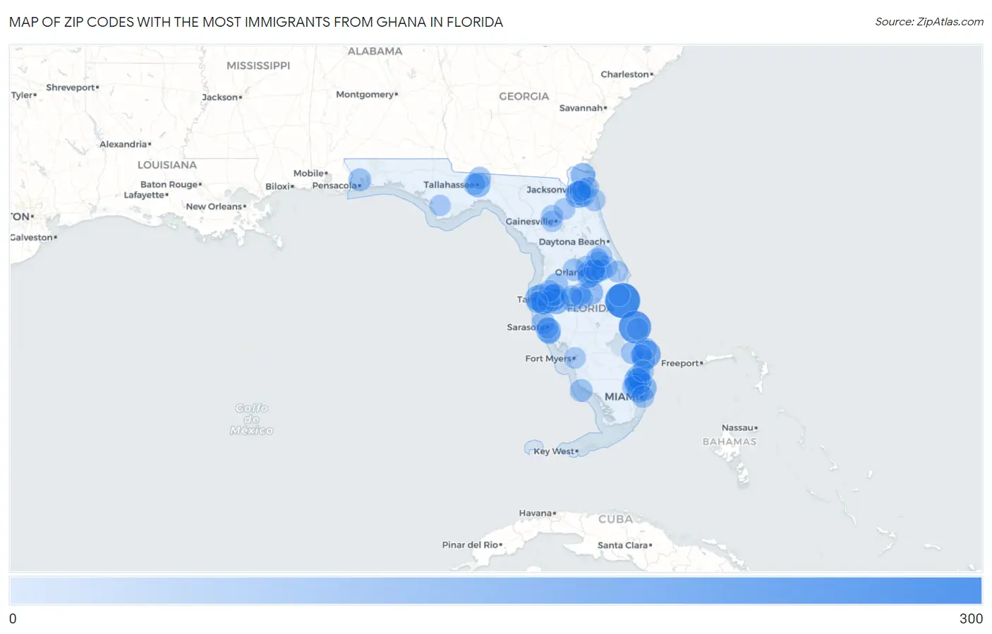 Zip Codes with the Most Immigrants from Ghana in Florida Map