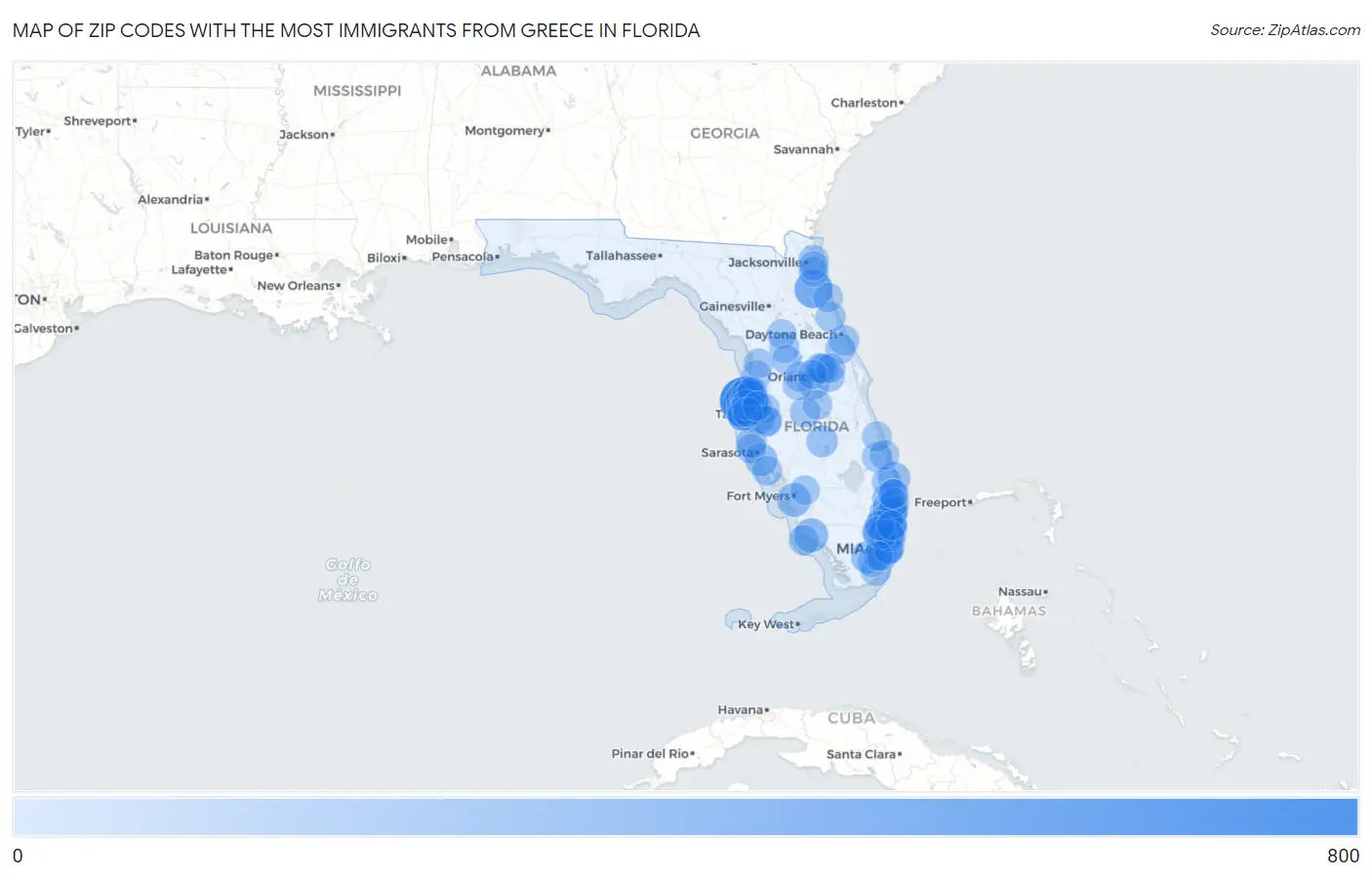 Zip Codes with the Most Immigrants from Greece in Florida Map