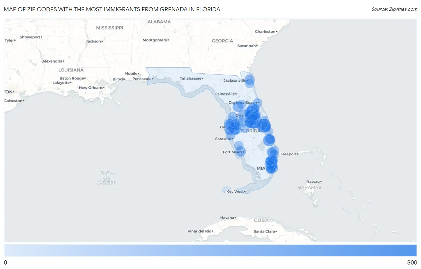 Zip Codes with the Most Immigrants from Grenada in Florida Map