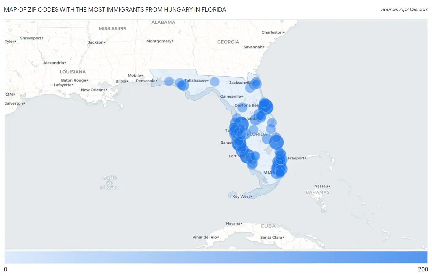 Zip Codes with the Most Immigrants from Hungary in Florida Map