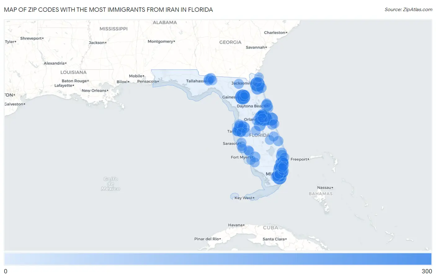 Zip Codes with the Most Immigrants from Iran in Florida Map