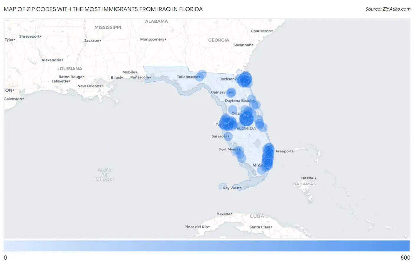 Zip Codes with the Most Immigrants from Iraq in Florida Map