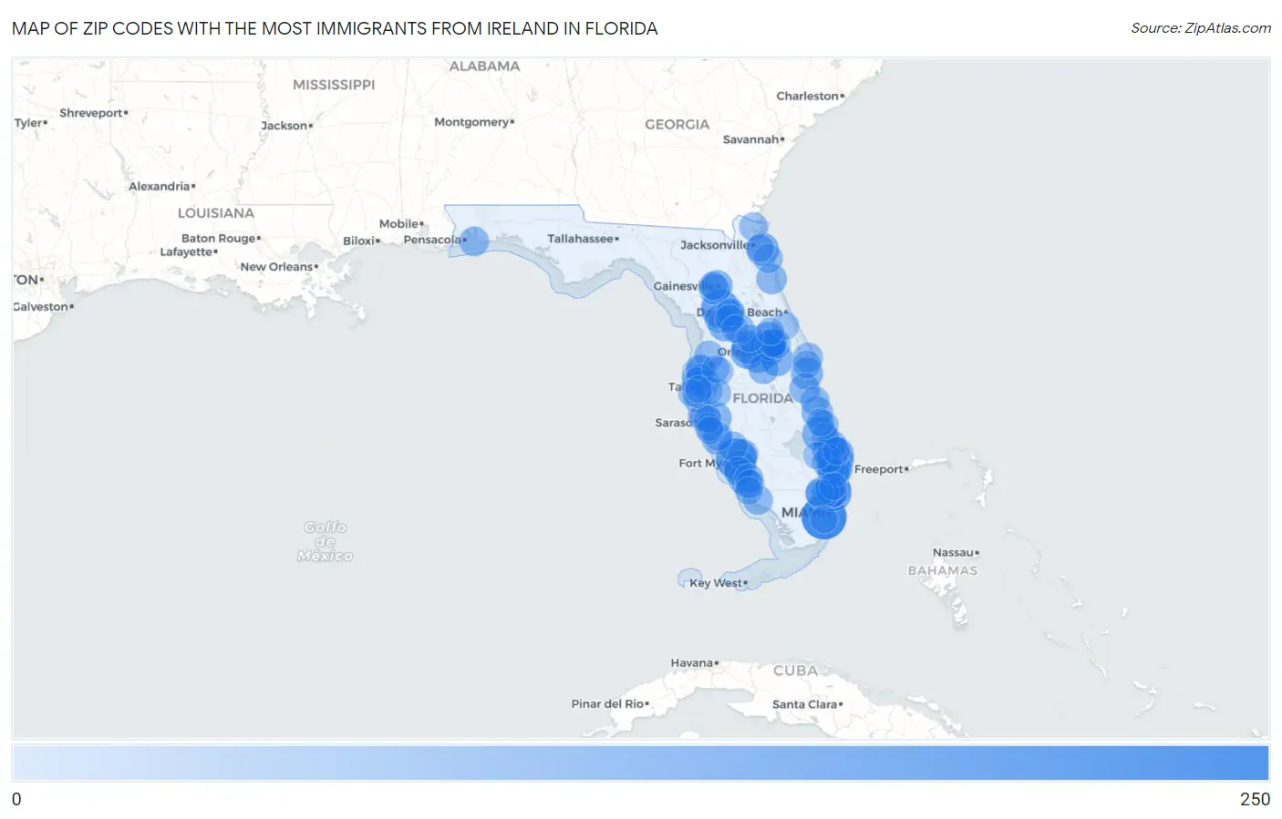 Zip Codes with the Most Immigrants from Ireland in Florida Map