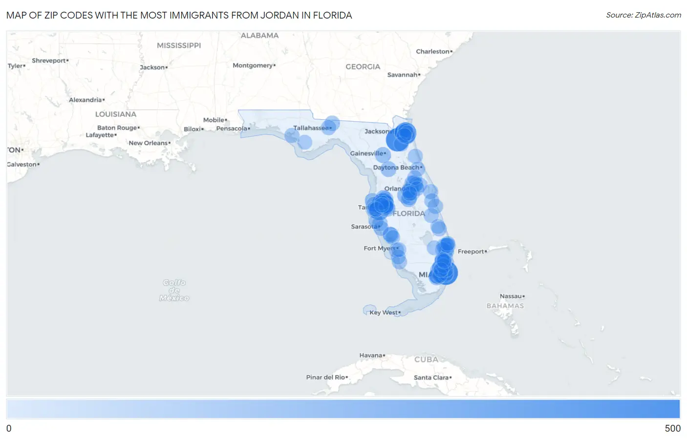 Zip Codes with the Most Immigrants from Jordan in Florida Map
