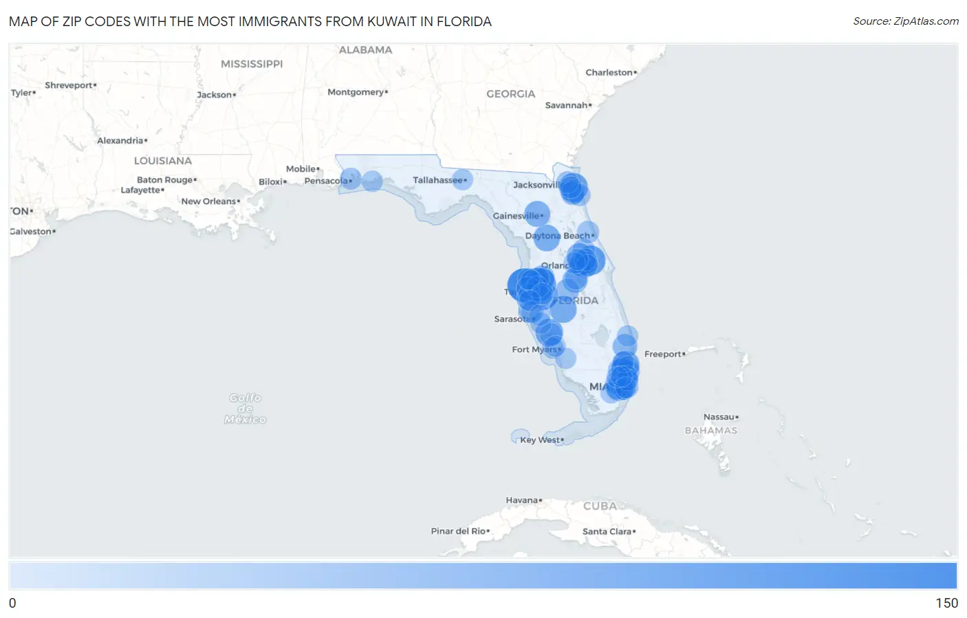 Zip Codes with the Most Immigrants from Kuwait in Florida Map