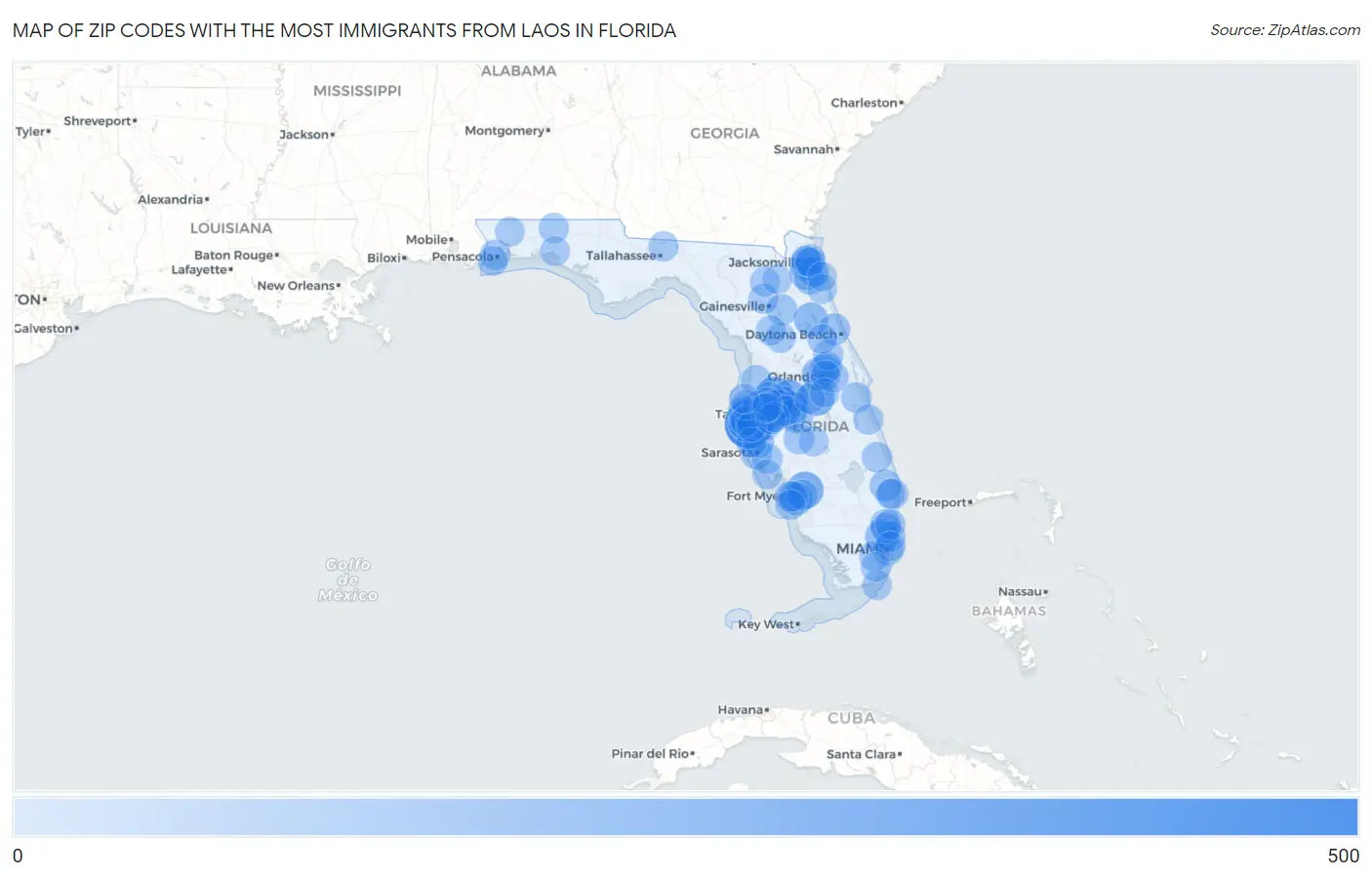 Zip Codes with the Most Immigrants from Laos in Florida Map