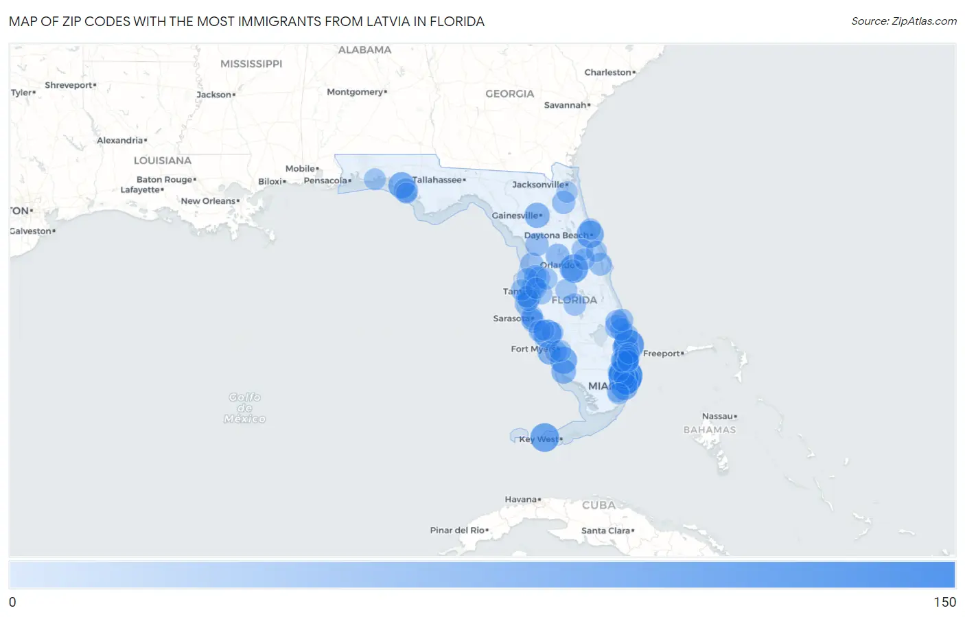 Zip Codes with the Most Immigrants from Latvia in Florida Map