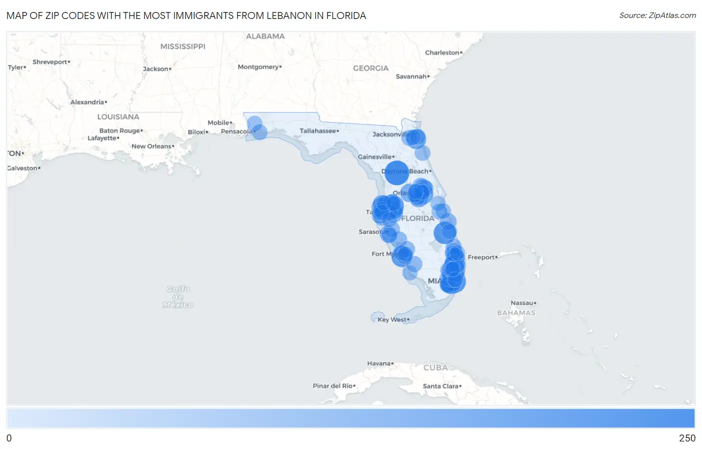 Zip Codes with the Most Immigrants from Lebanon in Florida Map