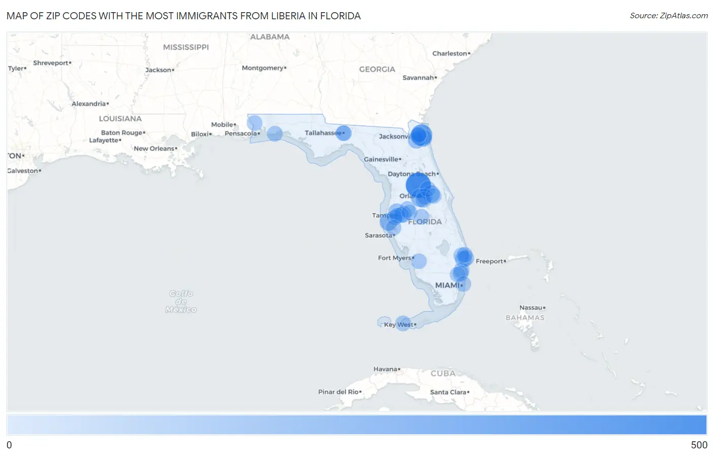 Zip Codes with the Most Immigrants from Liberia in Florida Map