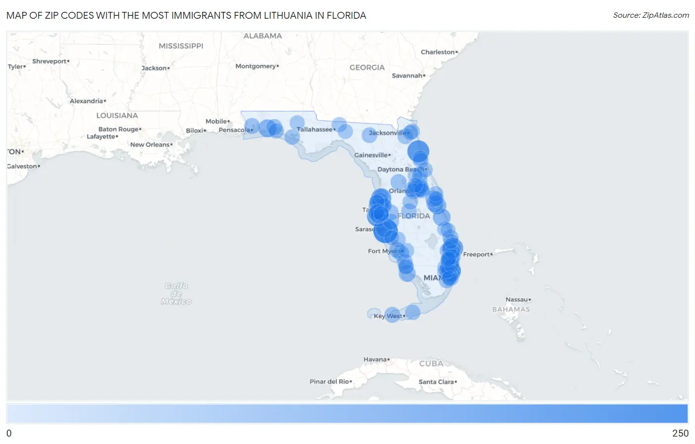 Zip Codes with the Most Immigrants from Lithuania in Florida Map