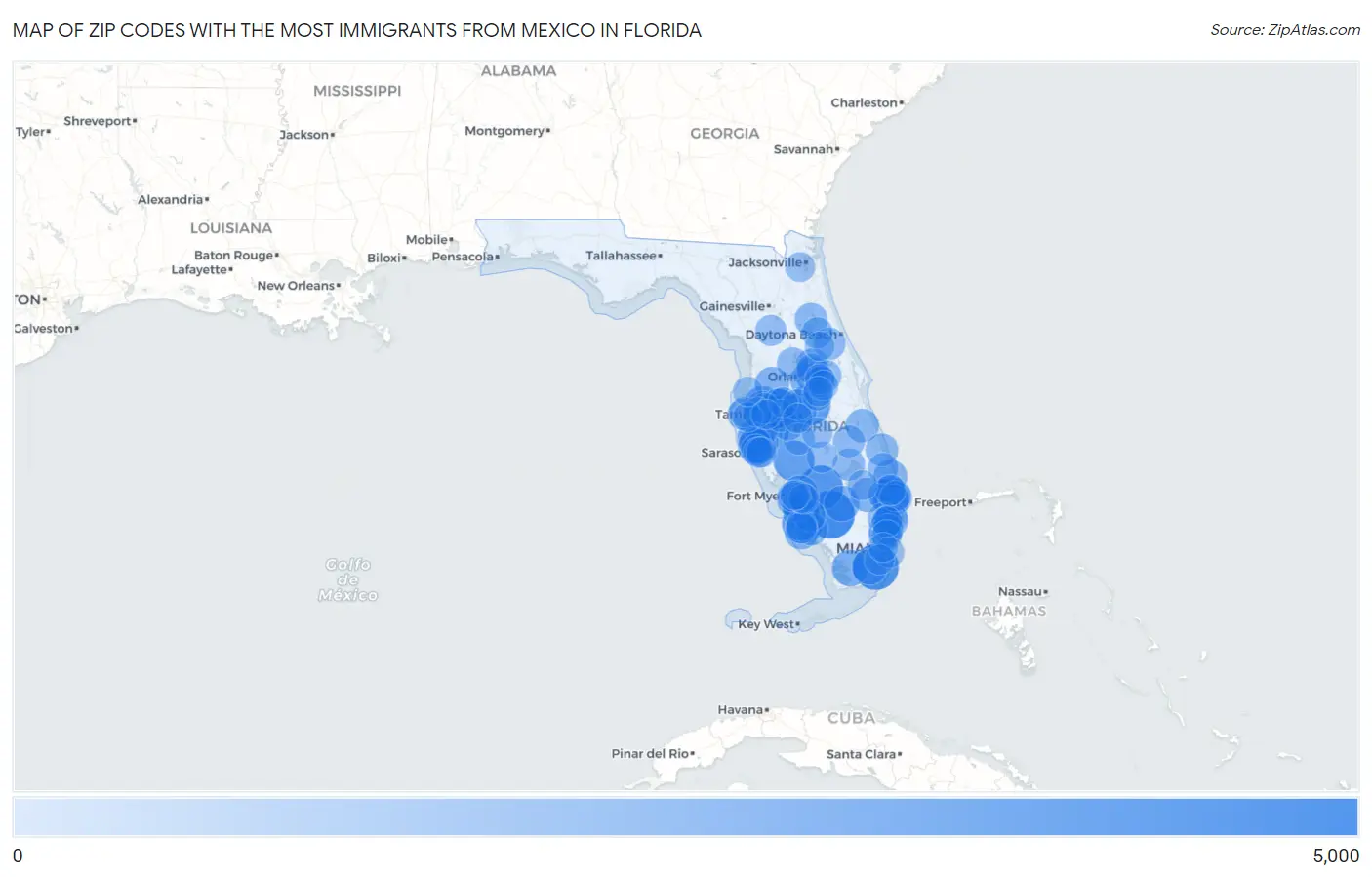 Zip Codes with the Most Immigrants from Mexico in Florida Map