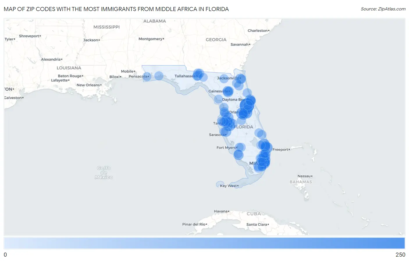 Zip Codes with the Most Immigrants from Middle Africa in Florida Map