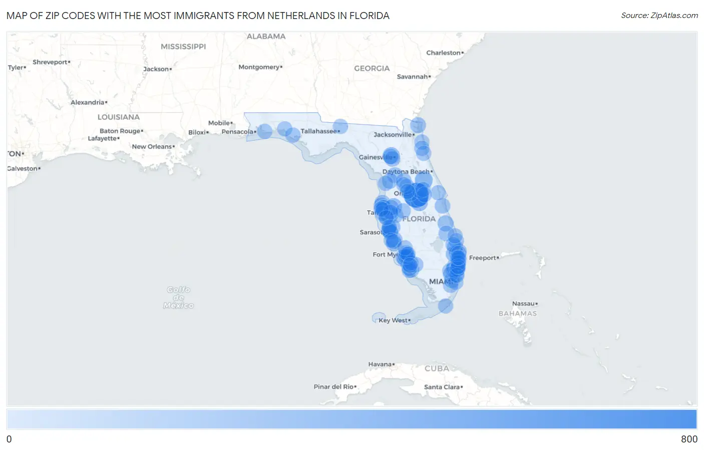 Zip Codes with the Most Immigrants from Netherlands in Florida Map