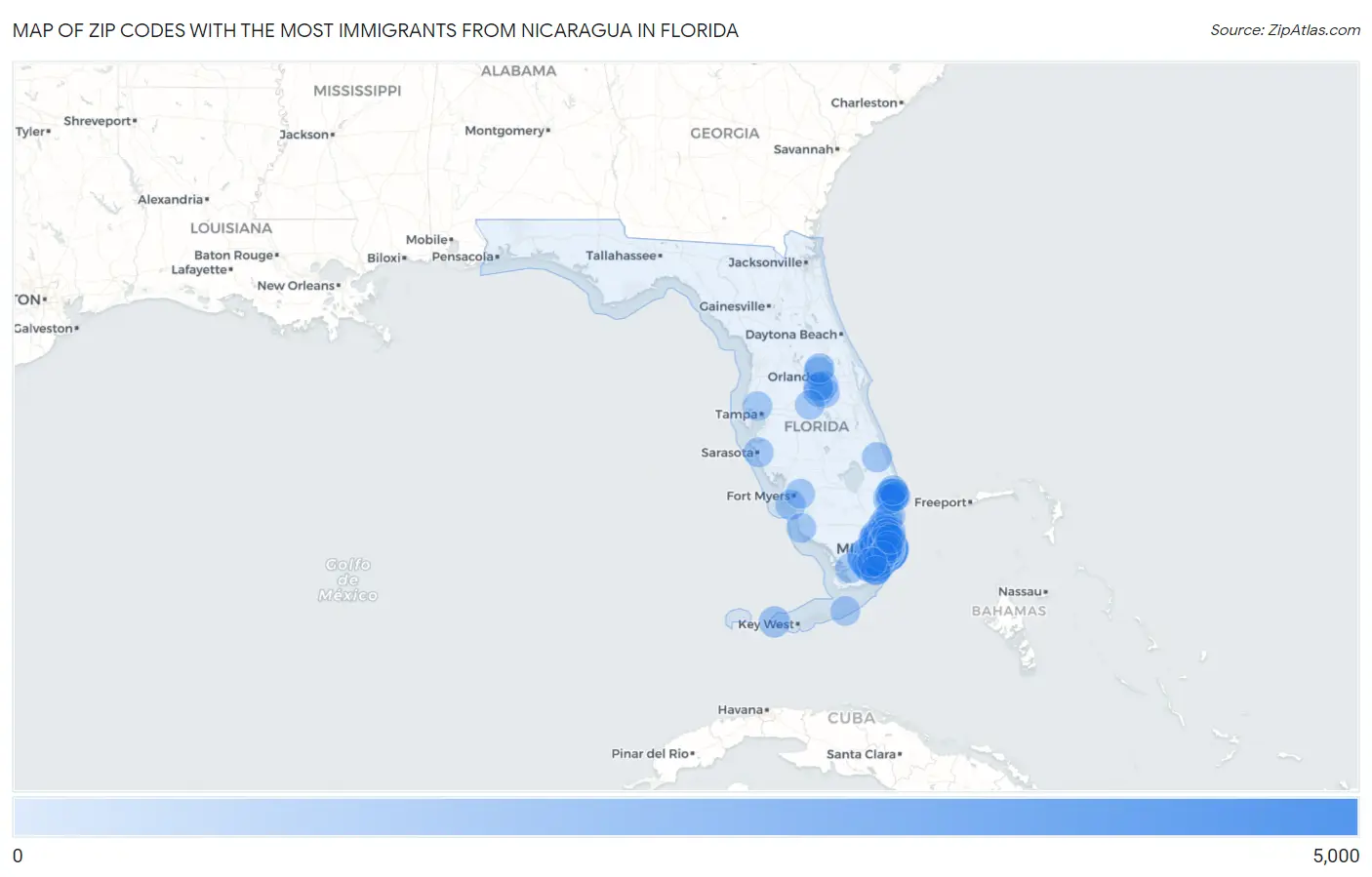 Zip Codes with the Most Immigrants from Nicaragua in Florida Map