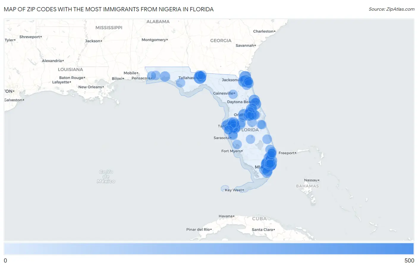 Zip Codes with the Most Immigrants from Nigeria in Florida Map