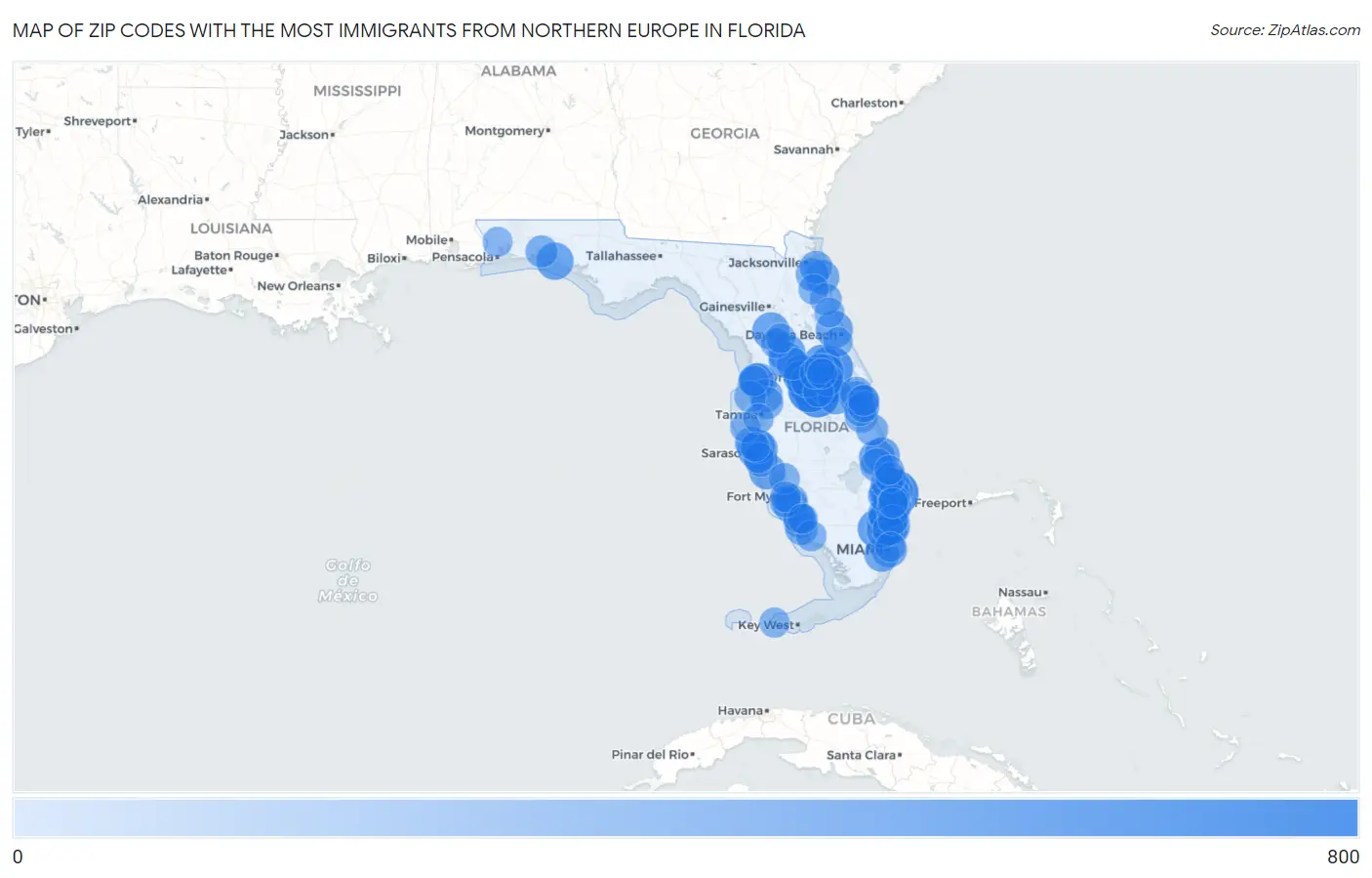 Zip Codes with the Most Immigrants from Northern Europe in Florida Map