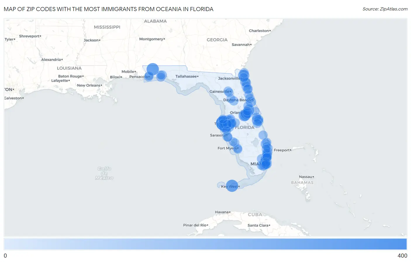Zip Codes with the Most Immigrants from Oceania in Florida Map