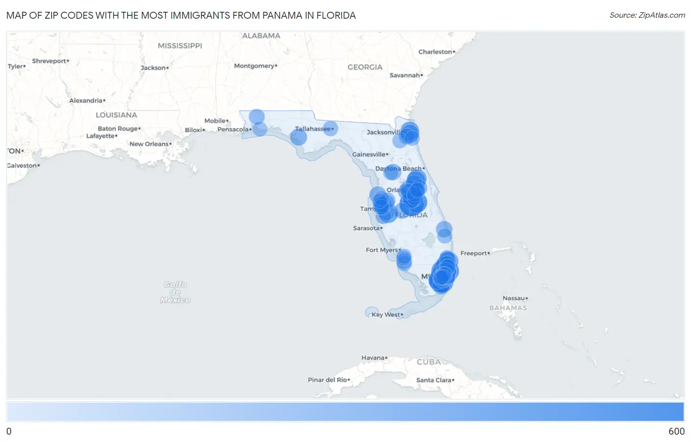 Zip Codes with the Most Immigrants from Panama in Florida Map