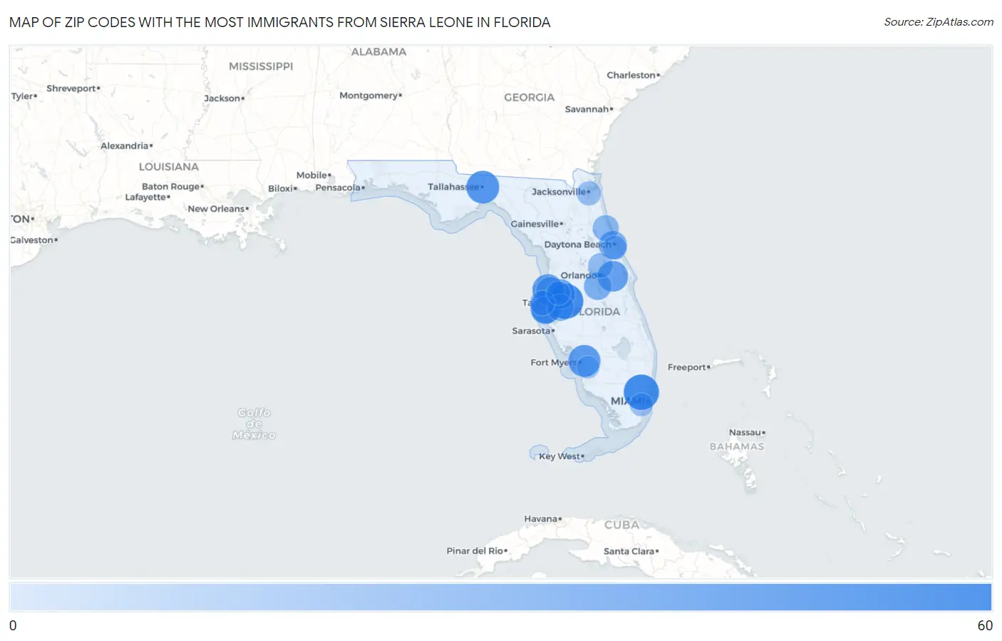 Zip Codes with the Most Immigrants from Sierra Leone in Florida Map
