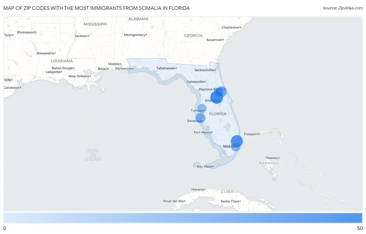Zip Codes with the Most Immigrants from Somalia in Florida Map