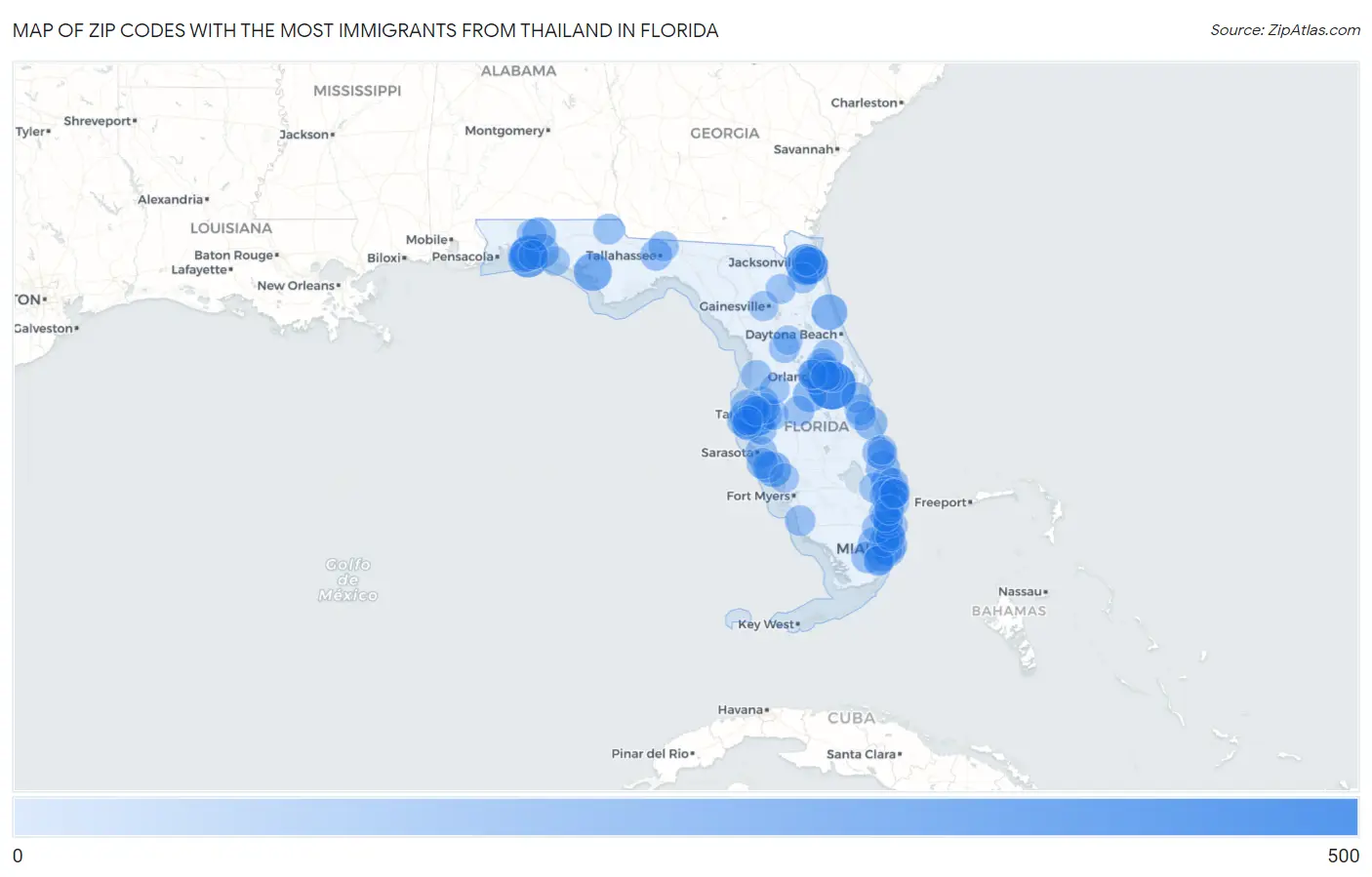 Zip Codes with the Most Immigrants from Thailand in Florida Map