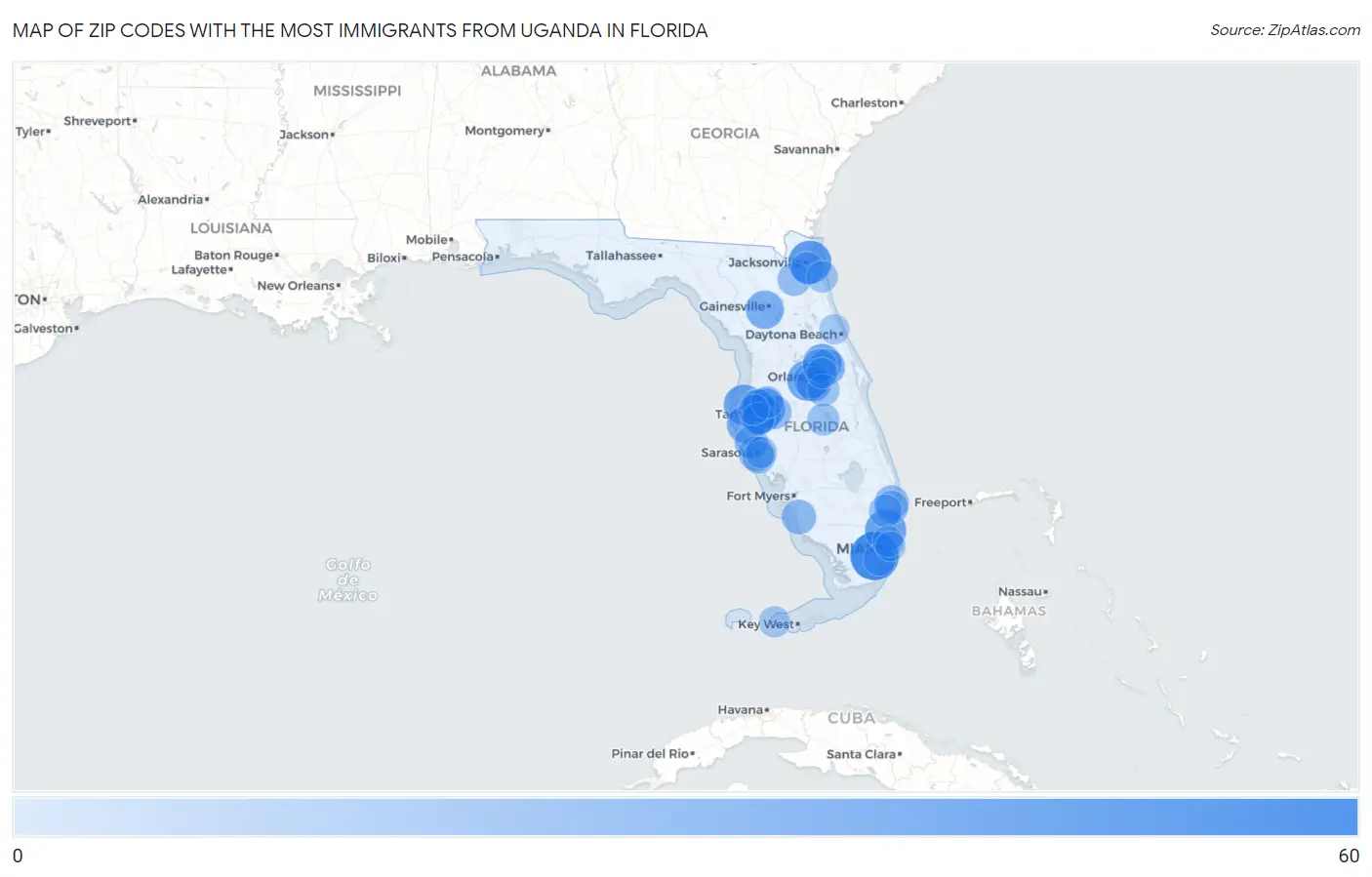Zip Codes with the Most Immigrants from Uganda in Florida Map