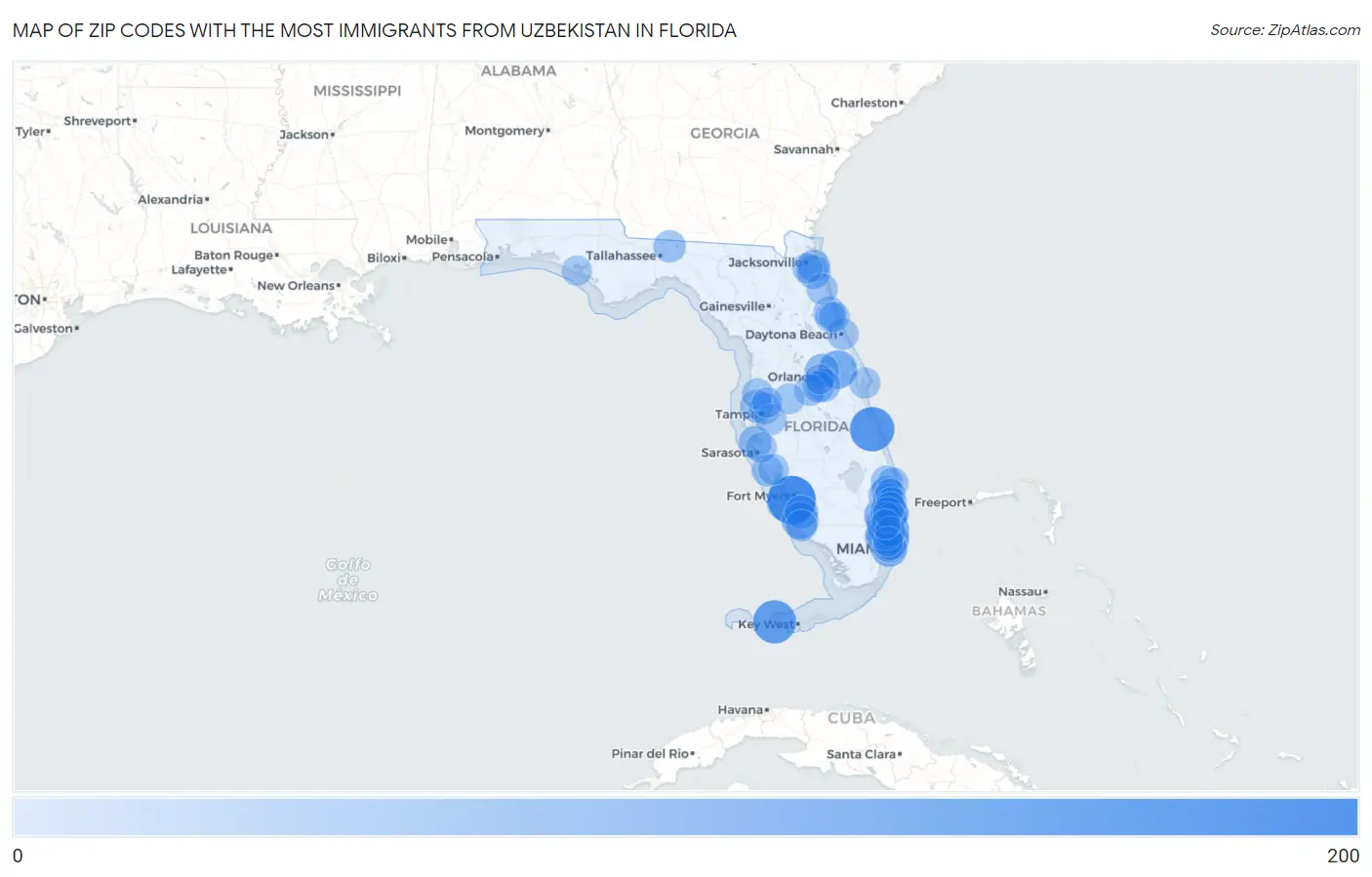 Zip Codes with the Most Immigrants from Uzbekistan in Florida Map