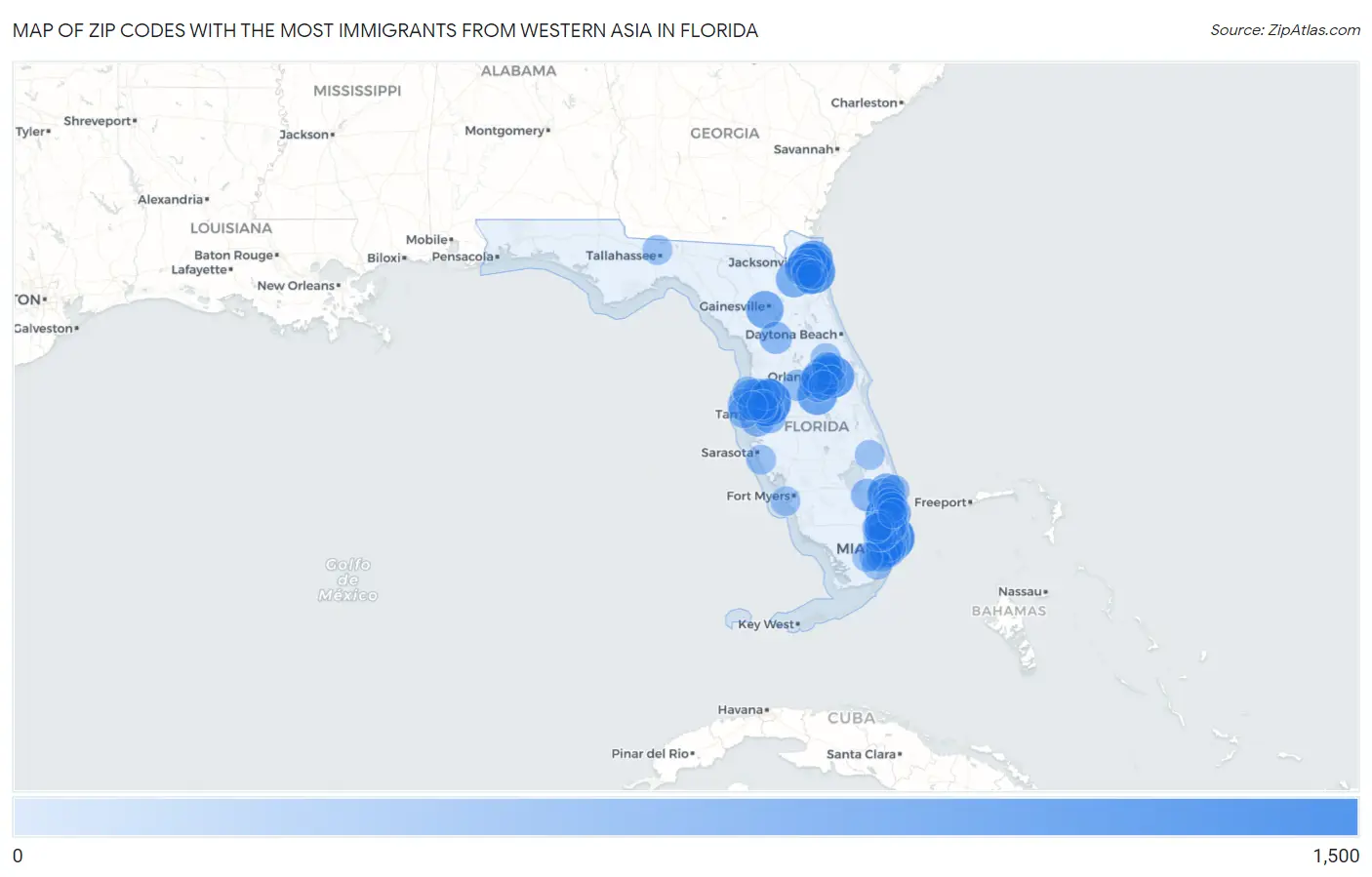 Zip Codes with the Most Immigrants from Western Asia in Florida Map