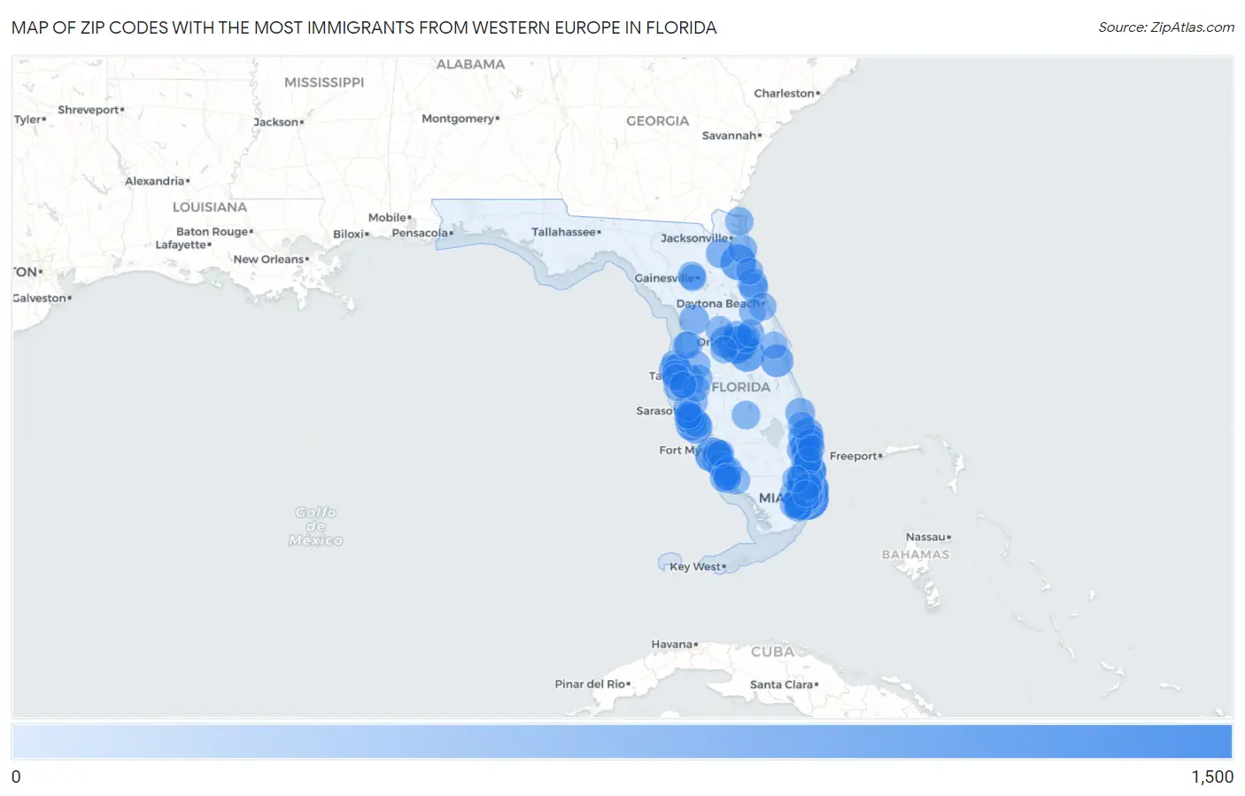 Zip Codes with the Most Immigrants from Western Europe in Florida Map