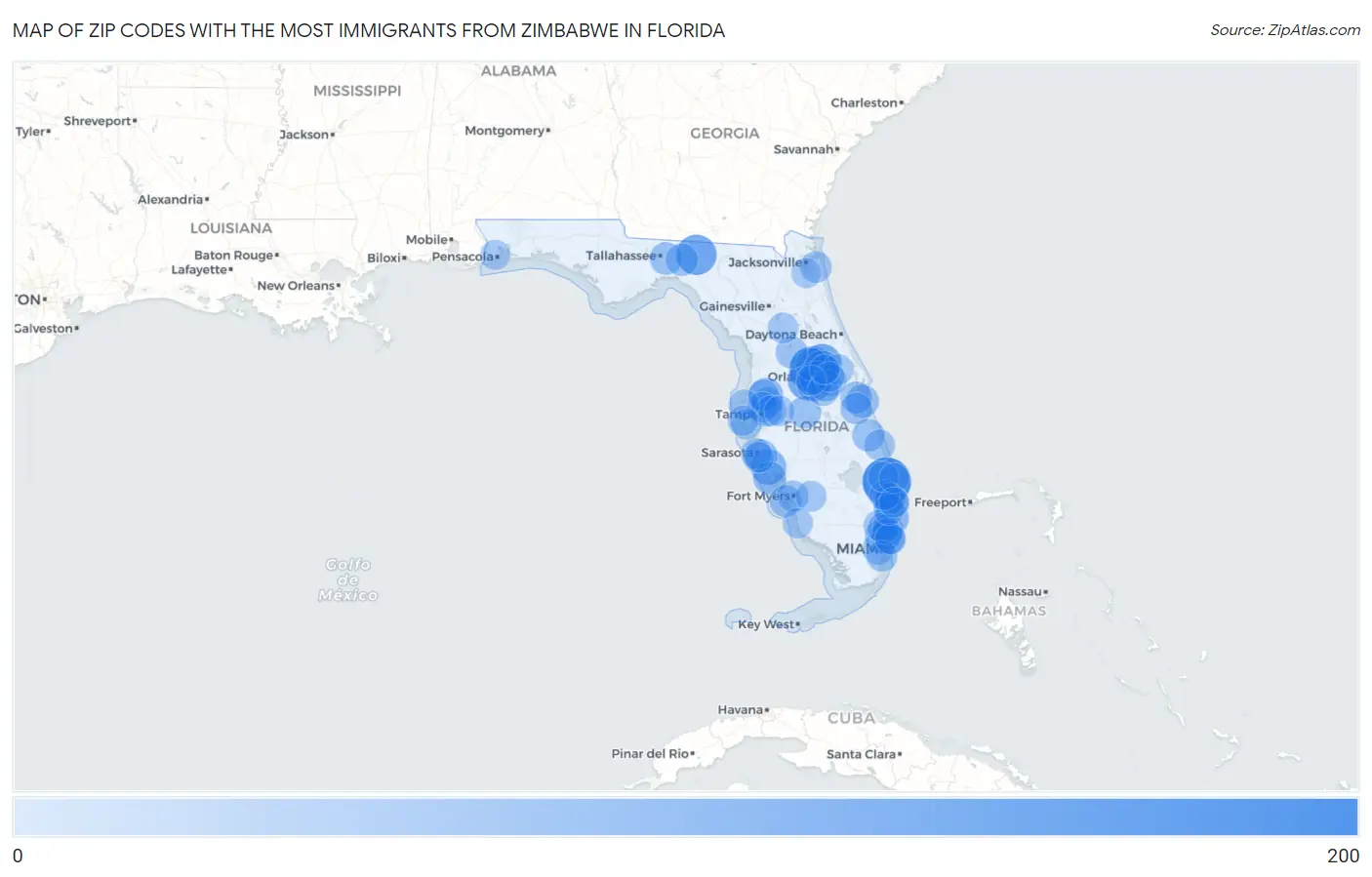 Zip Codes with the Most Immigrants from Zimbabwe in Florida Map
