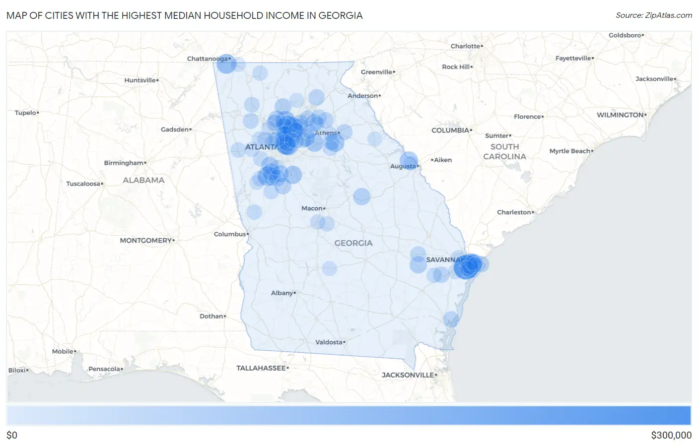 Cities with the Highest Median Household Income in Georgia Map